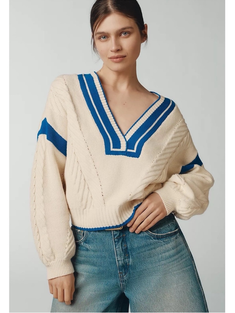 Anthropologie Maeve V-Neck Cable Pullover Sweater in Cream and Blue Size 3X NWT